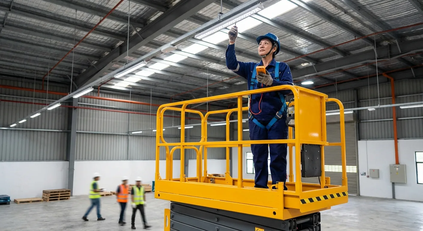 Pekerja menggunakan scissor lift di tapak pembinaan